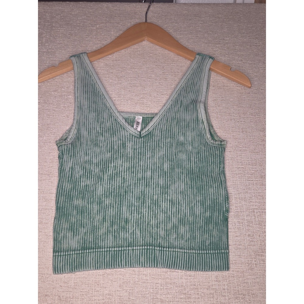Zenana Reversible Ribbed Seamless Tank Top Sage Green Mineral Wash L/XL